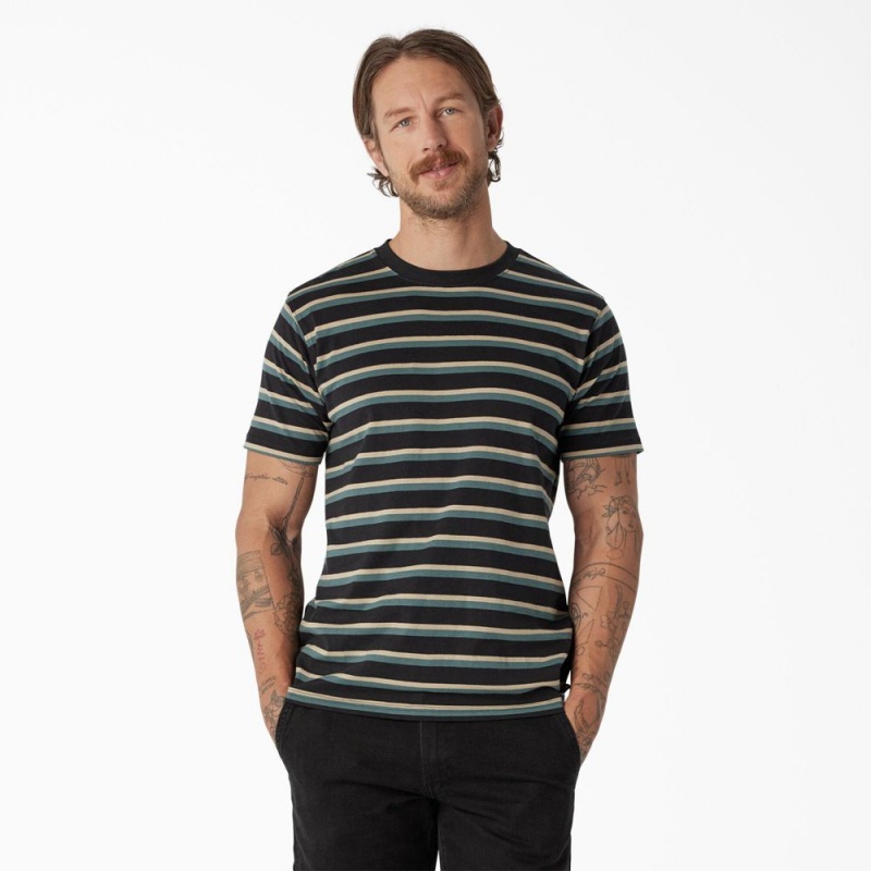 Black Dickies Skateboarding Striped Men\'s T-Shirt | 832-DMEYWH