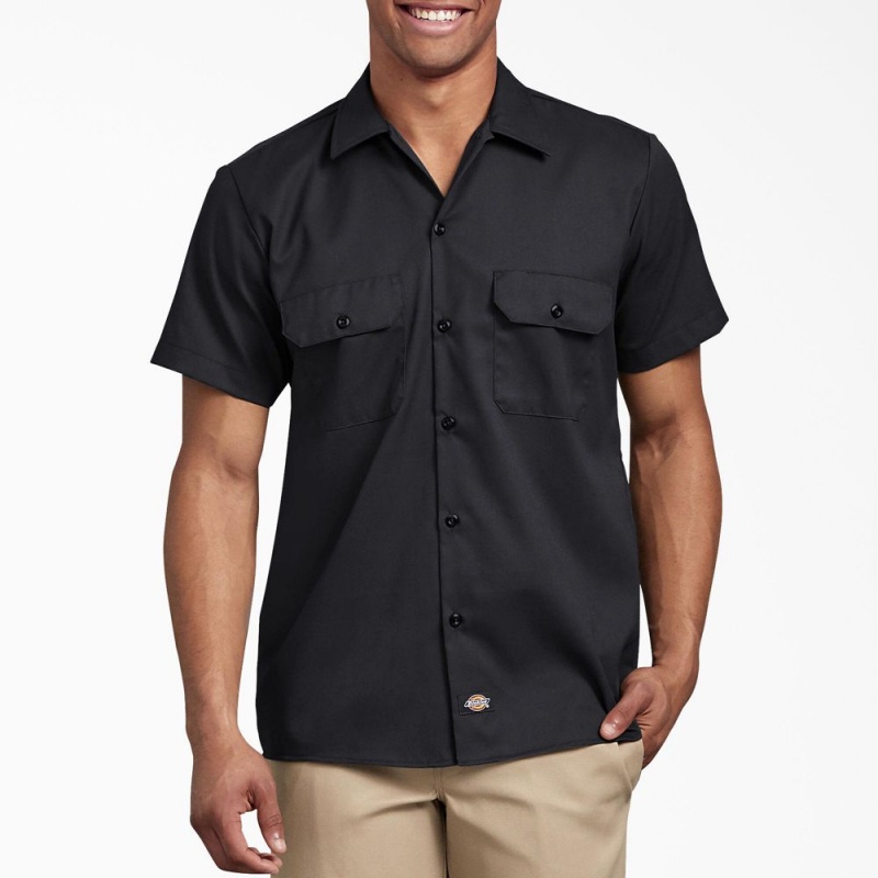 Black Dickies Slim Fit Short Sleeve Men\'s Work Shirts | 046-SGCPXT