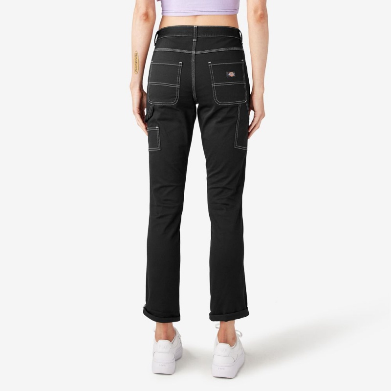 Black Dickies Slim Straight Fit Roll Hem Carpenter Women's Pants | 927-HBVGKA