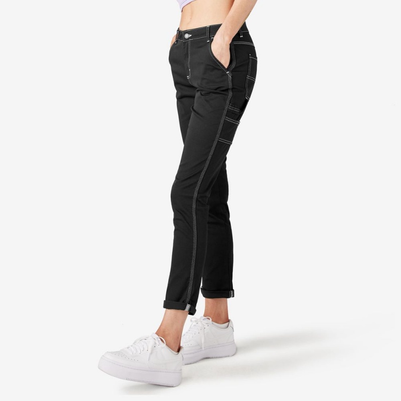 Black Dickies Slim Straight Fit Roll Hem Carpenter Women's Pants | 927-HBVGKA