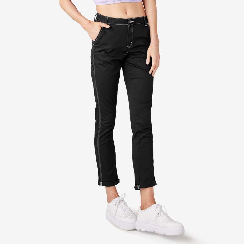 Black Dickies Slim Straight Fit Roll Hem Carpenter Women's Pants | 927-HBVGKA