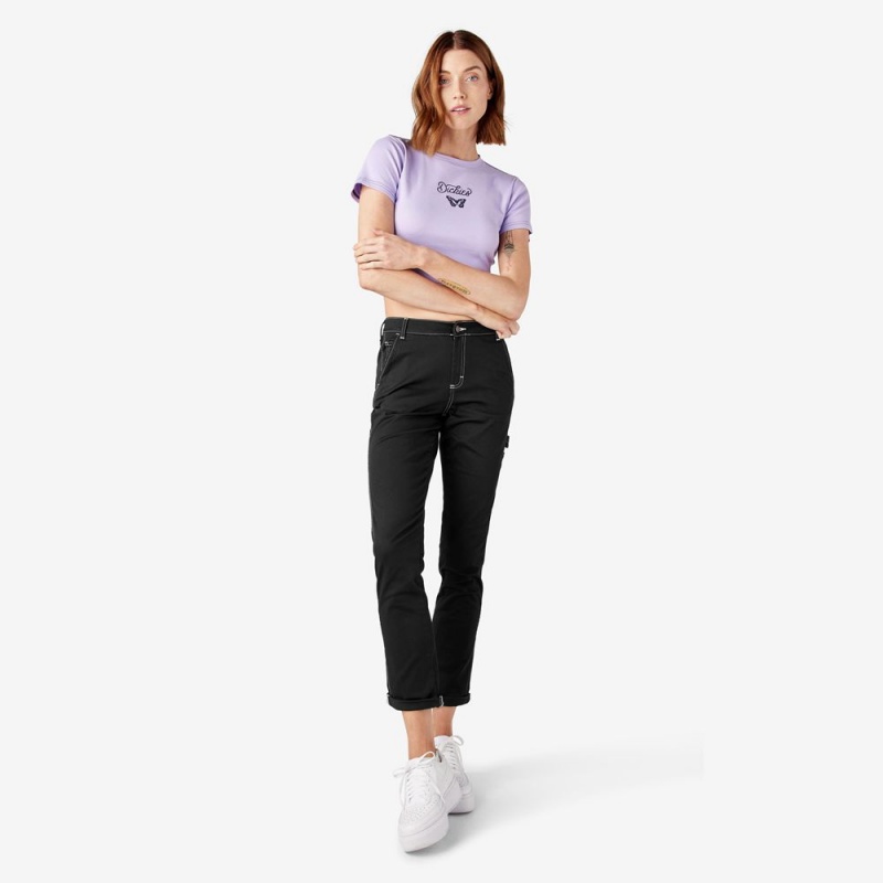 Black Dickies Slim Straight Fit Roll Hem Carpenter Women's Pants | 927-HBVGKA