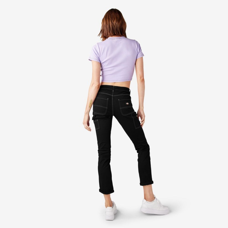 Black Dickies Slim Straight Fit Roll Hem Carpenter Women's Pants | 927-HBVGKA