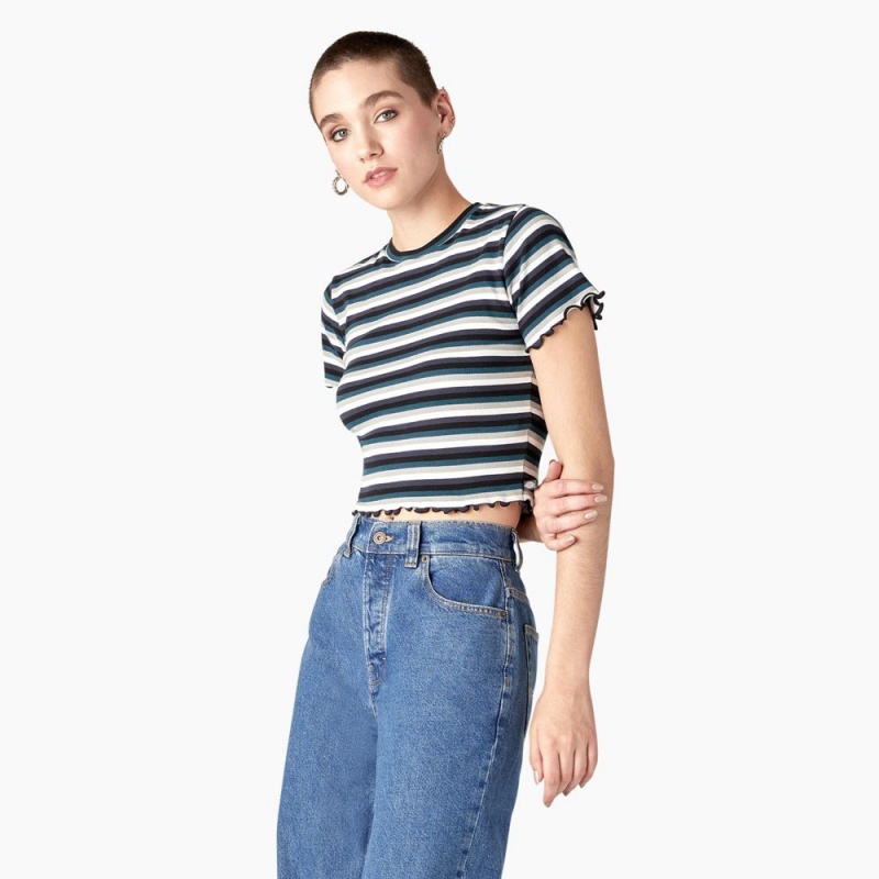 Black Dickies Striped Cropped Baby Women's T-Shirt | 062-JUENCT