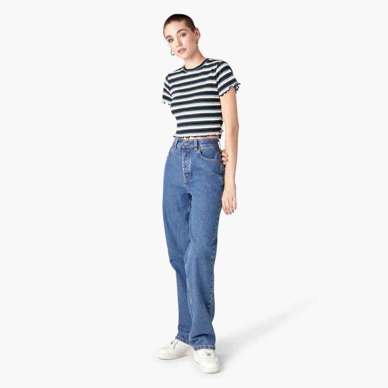 Black Dickies Striped Cropped Baby Women's T-Shirt | 062-JUENCT