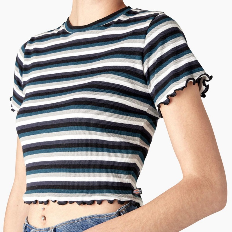 Black Dickies Striped Cropped Baby Women's T-Shirt | 062-JUENCT