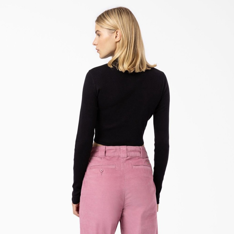 Black Dickies Tallasee Long Sleeve Cropped Women's Polo Shirt | 028-FAHXNW