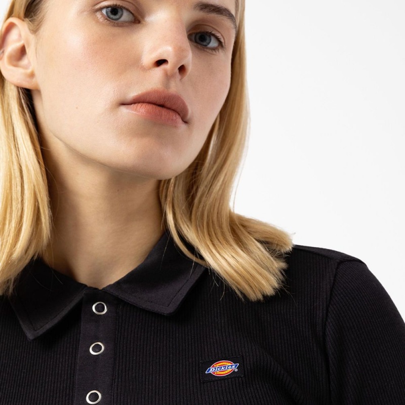 Black Dickies Tallasee Long Sleeve Cropped Women's Polo Shirt | 028-FAHXNW