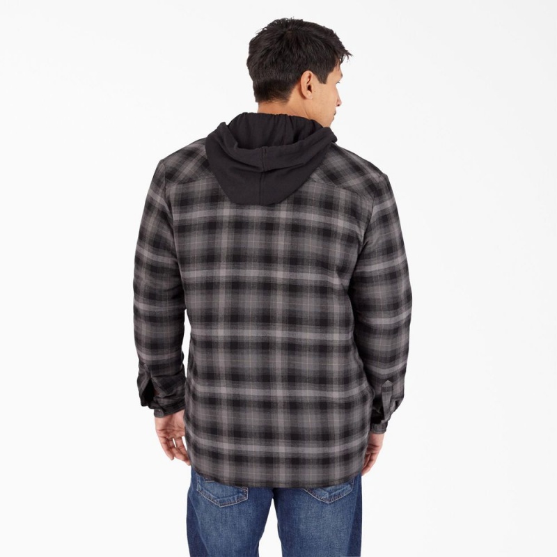 Black Dickies Water Repellent Flannel Hooded Shirt Men's Jacket | 842-TMONVG