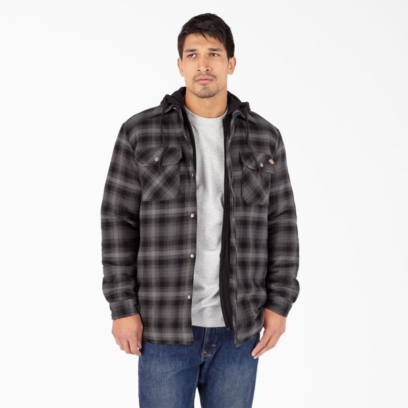 Black Dickies Water Repellent Flannel Hooded Shirt Men\'s Jacket | 842-TMONVG