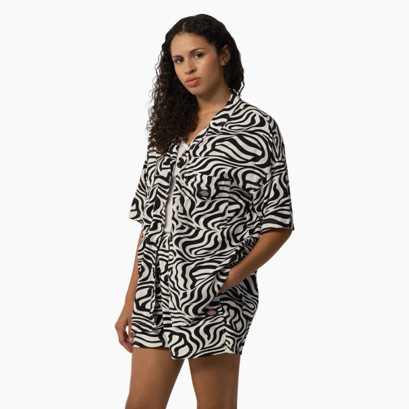 Black Dickies Zebra Print Women's Work Shirts | 586-YBVUJQ