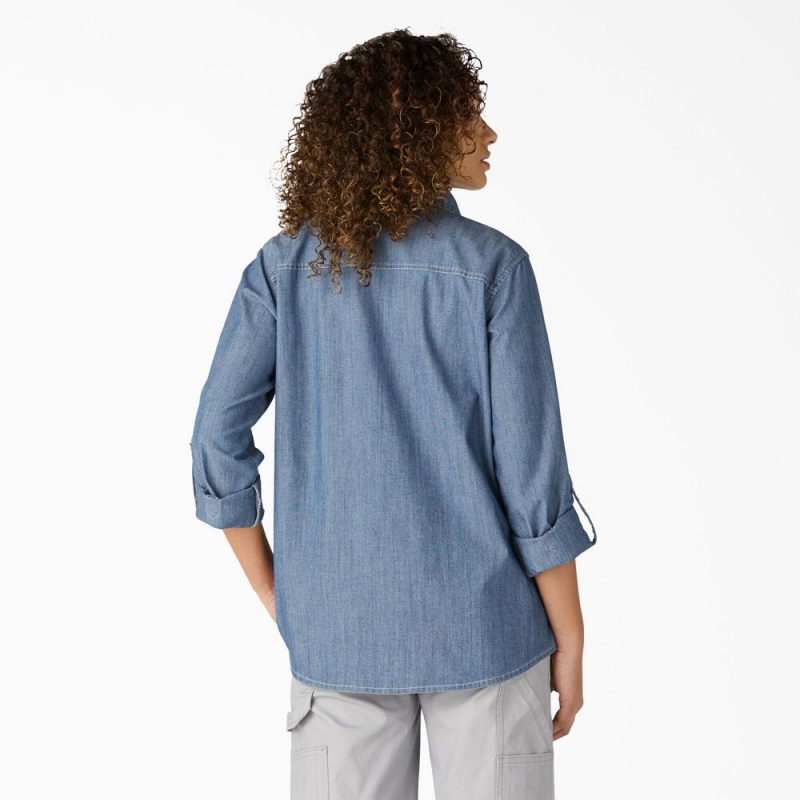 Blue Dickies Chambray Roll-Tab Women's Work Shirts | 745-PMOSEZ