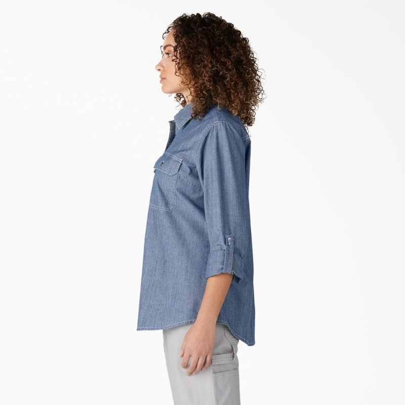 Blue Dickies Chambray Roll-Tab Women's Work Shirts | 745-PMOSEZ