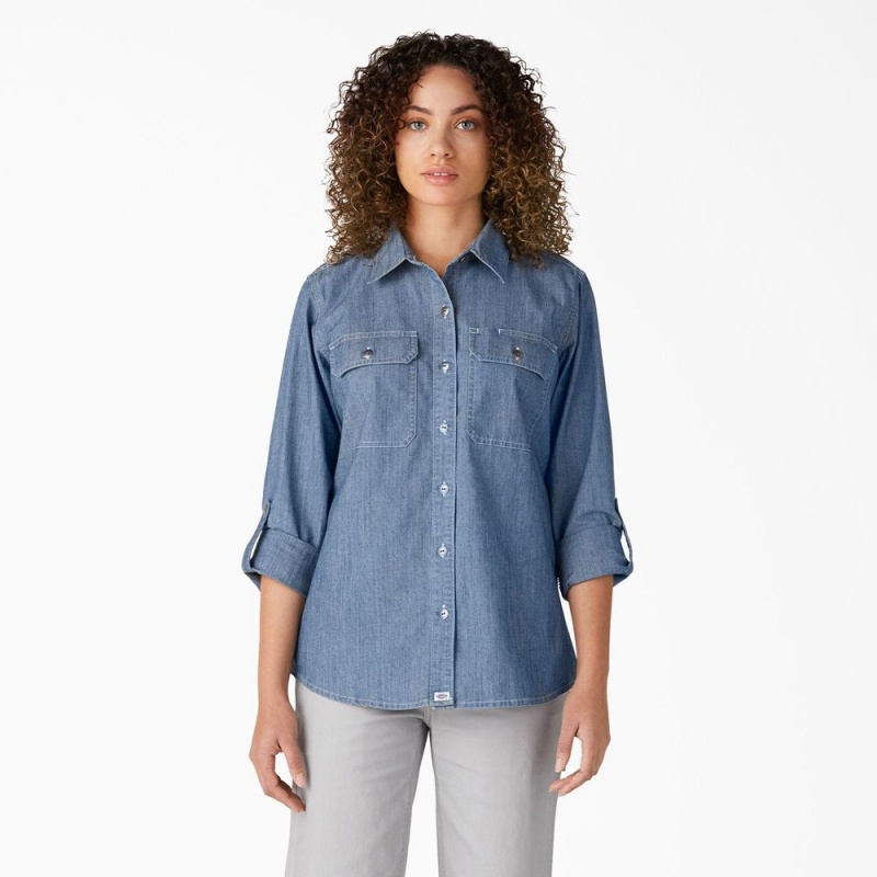 Blue Dickies Chambray Roll-Tab Women\'s Work Shirts | 745-PMOSEZ