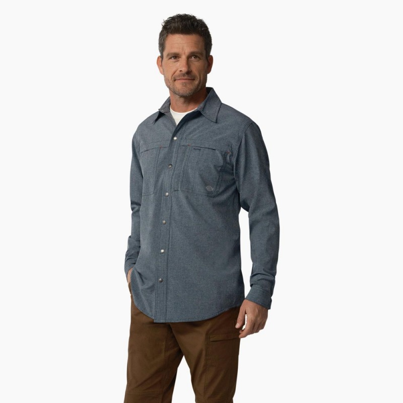 Blue Dickies Cooling Long Sleeve Men's Work Shirts | 147-RZMGNF