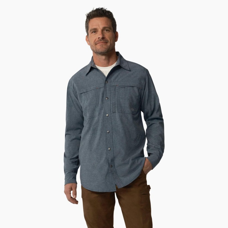 Blue Dickies Cooling Long Sleeve Men\'s Work Shirts | 147-RZMGNF