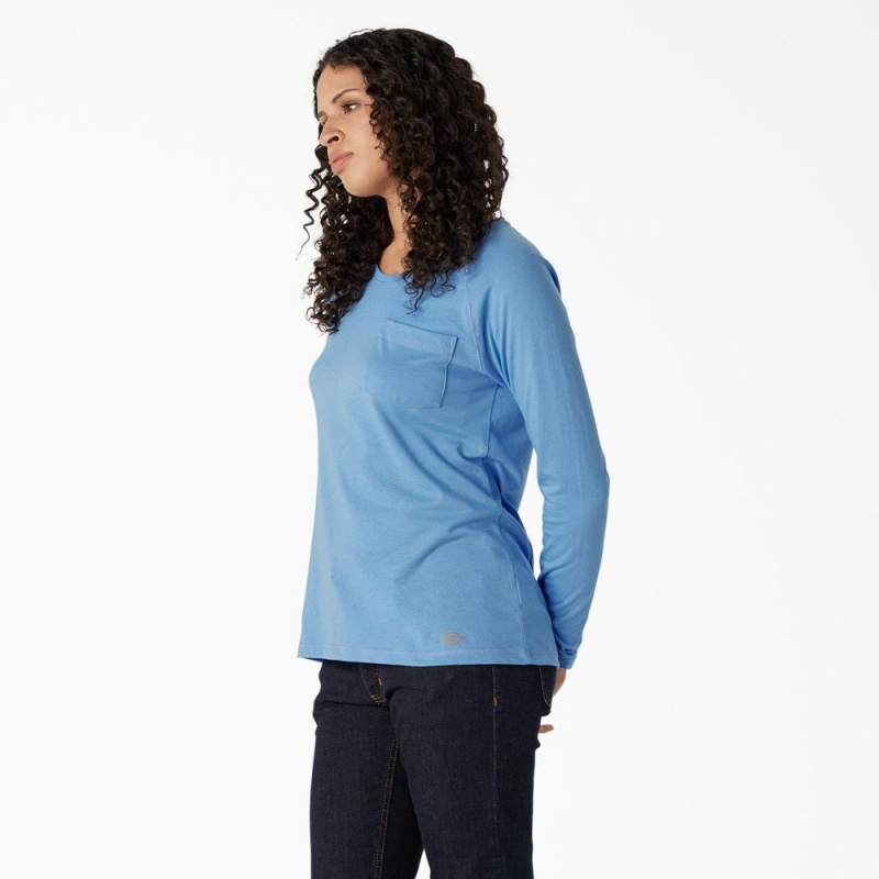 Blue Dickies Cooling Long Sleeve Pocket Women's T-Shirt | 109-PDAZWX