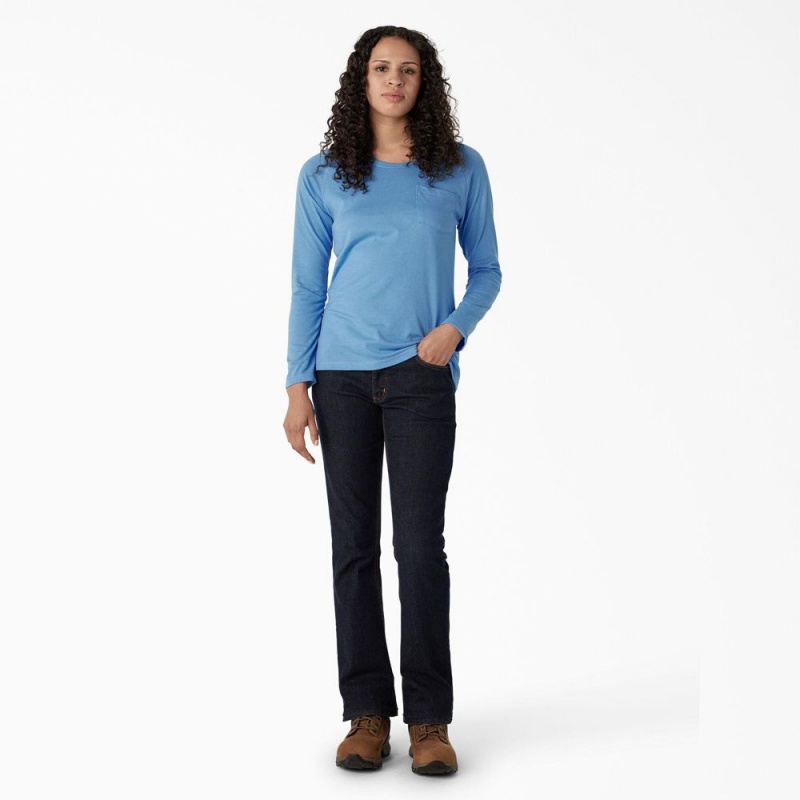 Blue Dickies Cooling Long Sleeve Pocket Women's T-Shirt | 109-PDAZWX