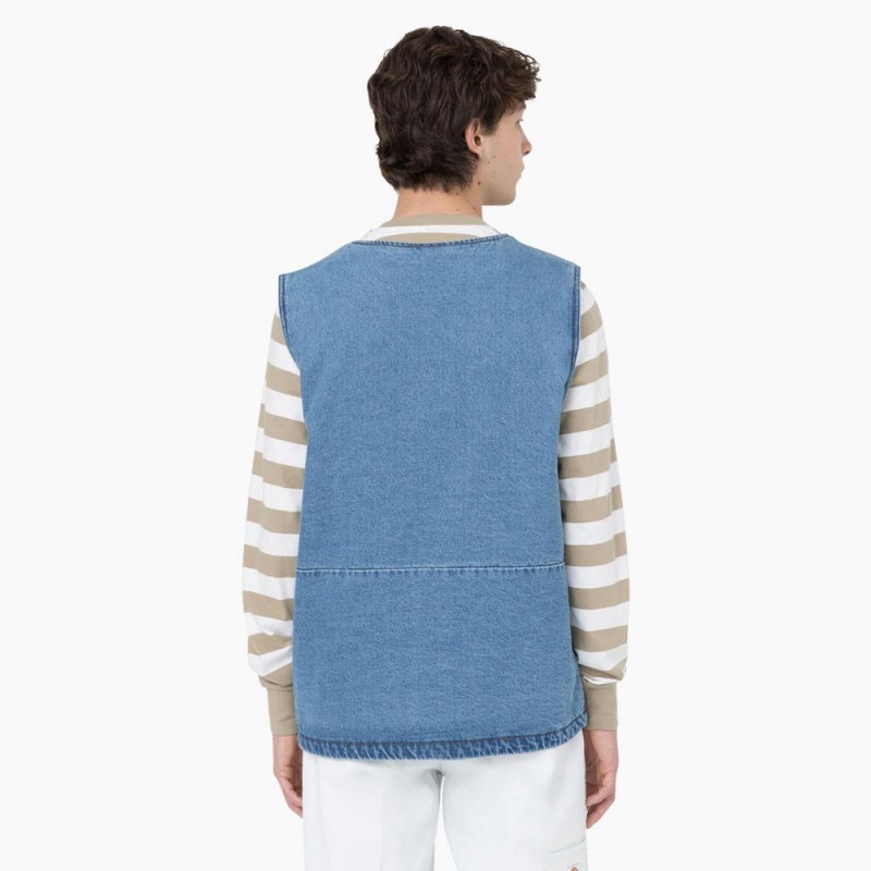 Blue Dickies Denim Zip Front Men's Vest | 976-KBXDPC