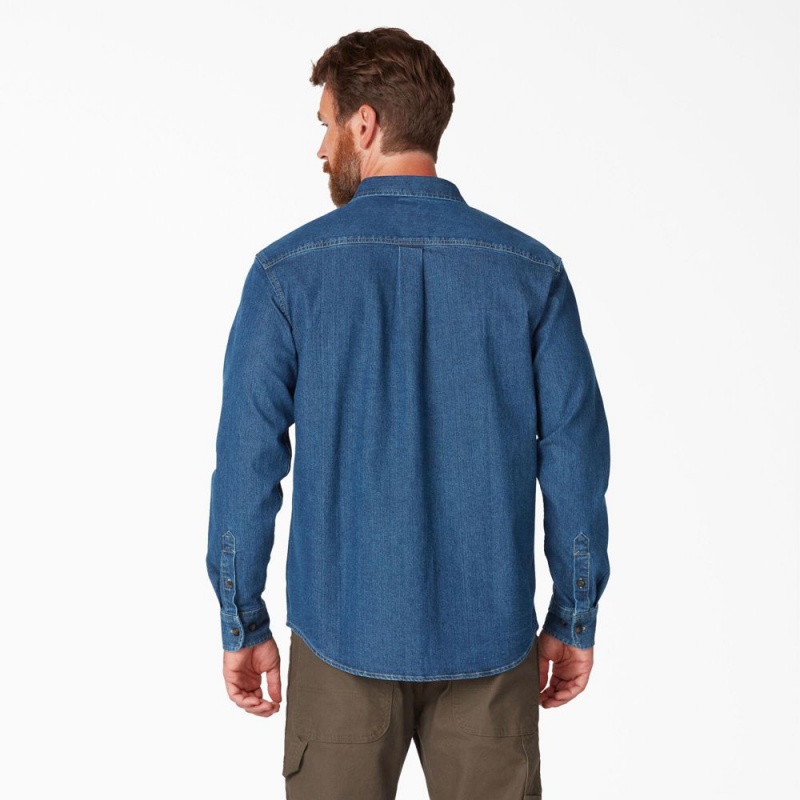 Blue Dickies FLEX Denim Long Sleeve Men's Shirt | 954-TRFEZH