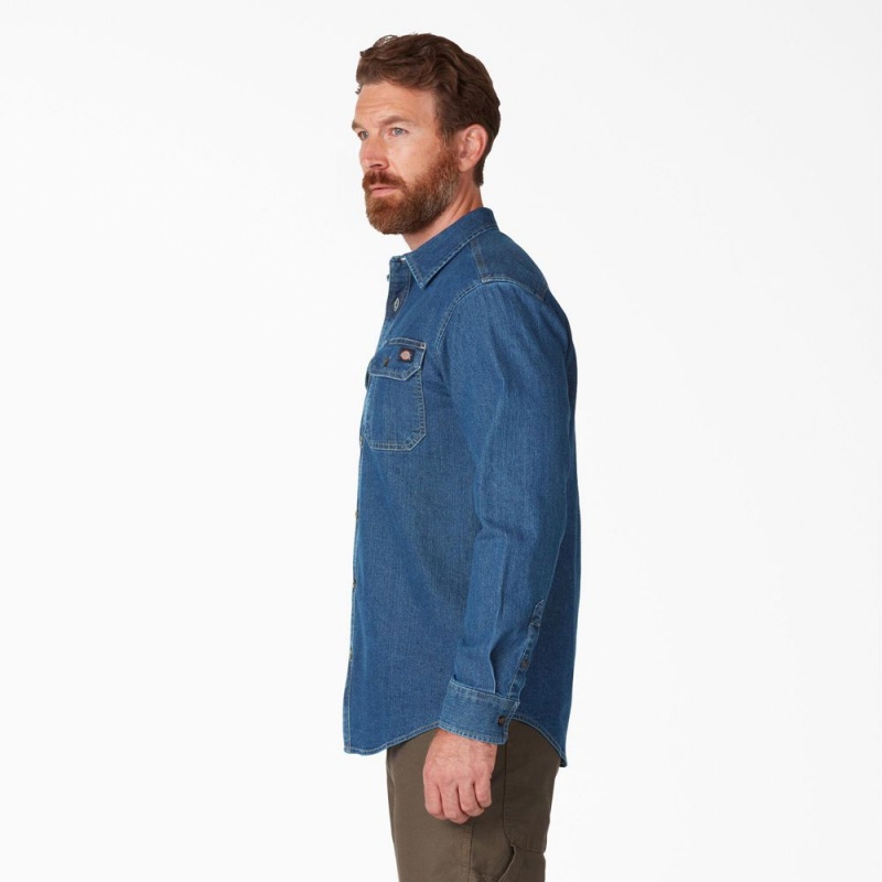 Blue Dickies FLEX Denim Long Sleeve Men's Shirt | 954-TRFEZH