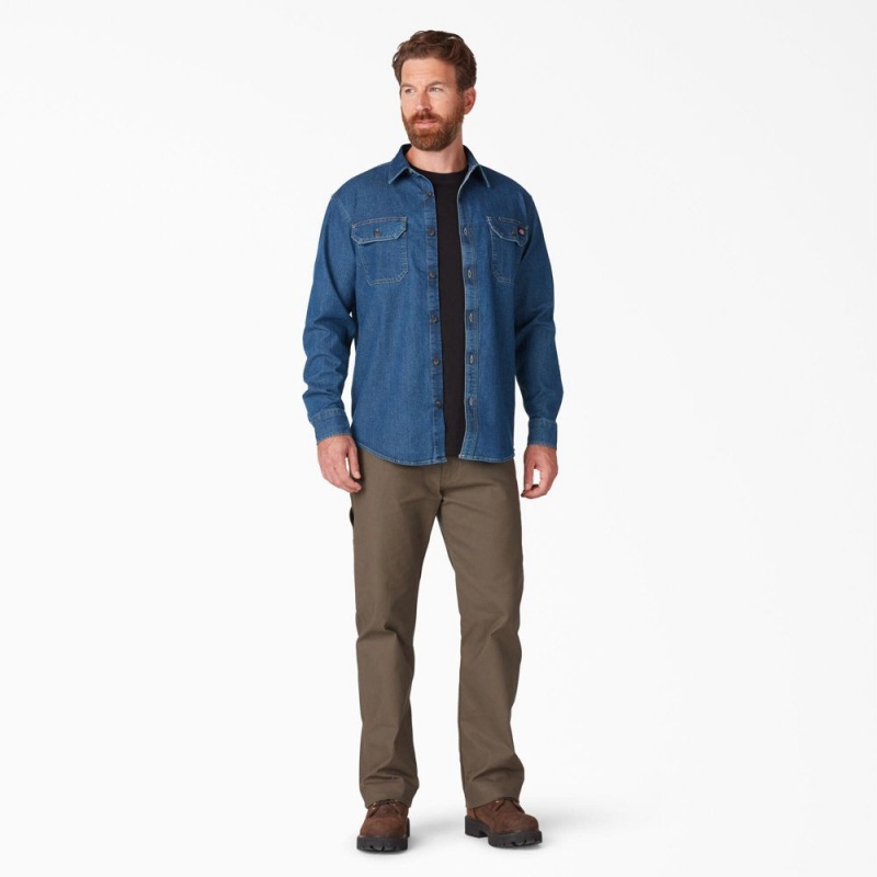 Blue Dickies FLEX Denim Long Sleeve Men's Shirt | 954-TRFEZH