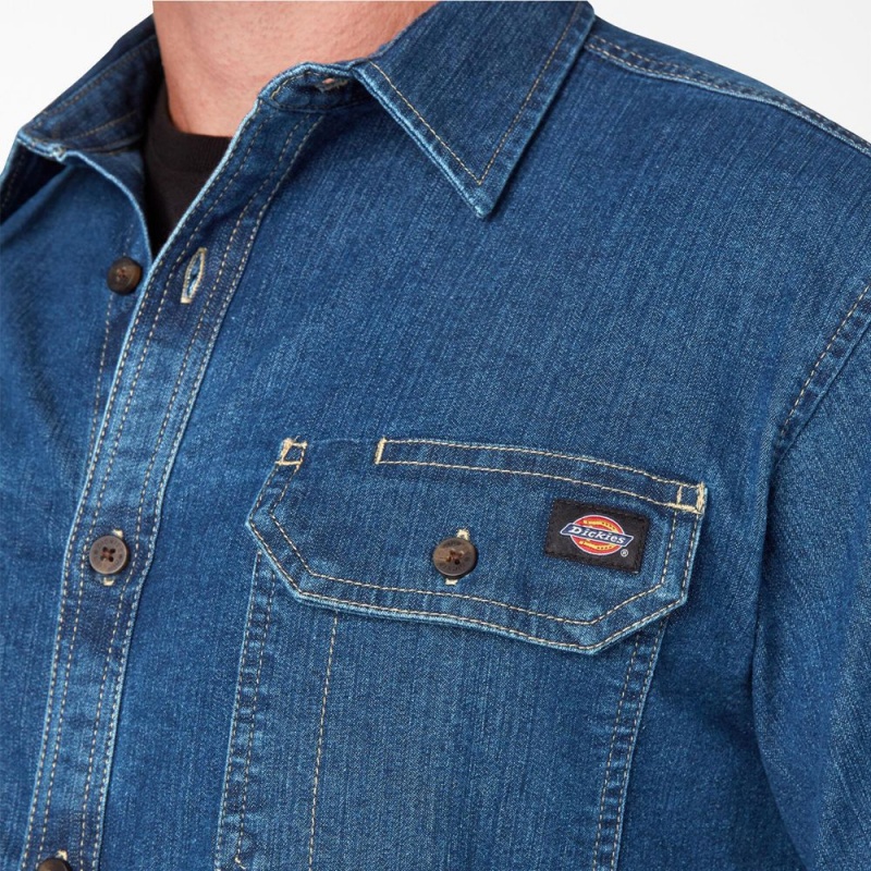 Blue Dickies FLEX Denim Long Sleeve Men's Shirt | 954-TRFEZH