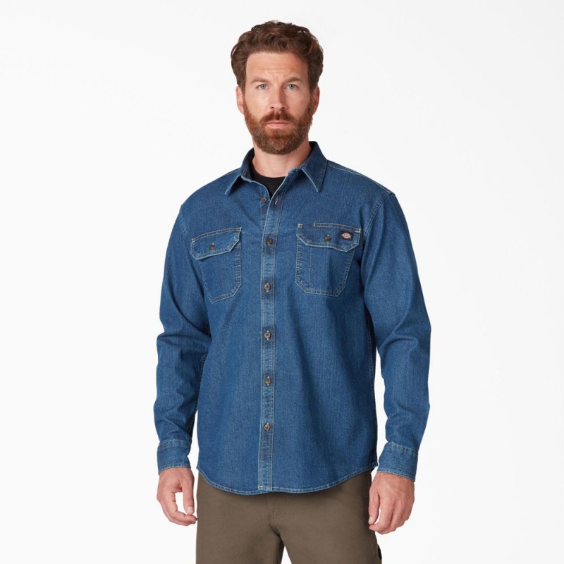 Blue Dickies FLEX Denim Long Sleeve Men\'s Shirt | 954-TRFEZH