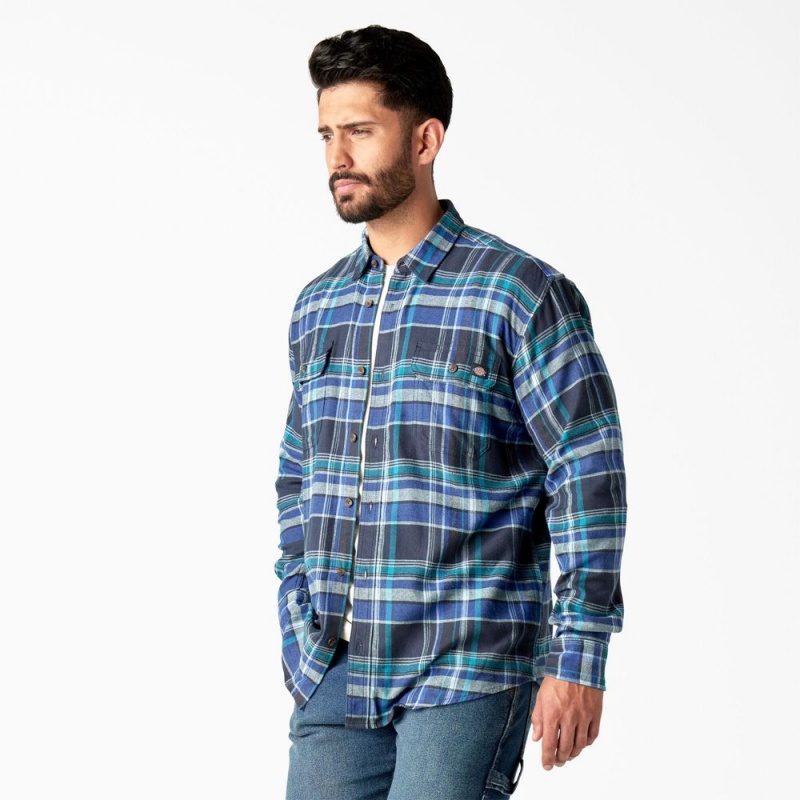 Blue Dickies FLEX Long Sleeve Flannel Men's Shirt | 073-VJBQKY