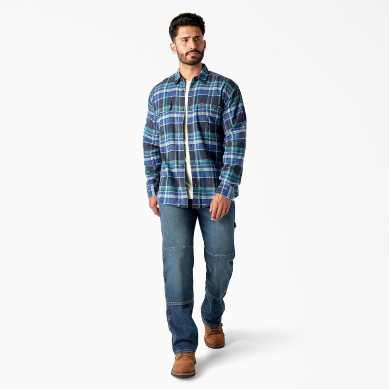 Blue Dickies FLEX Long Sleeve Flannel Men's Shirt | 073-VJBQKY