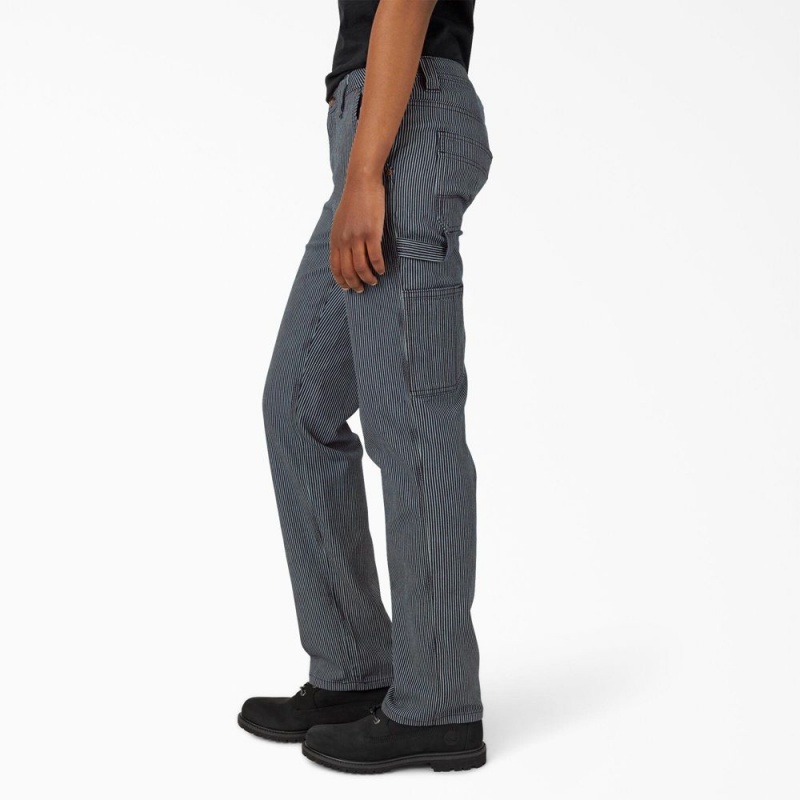 Blue Dickies FLEX Relaxed Fit Hickory Stripe Carpenter Women's Pants | 291-IWSMOU