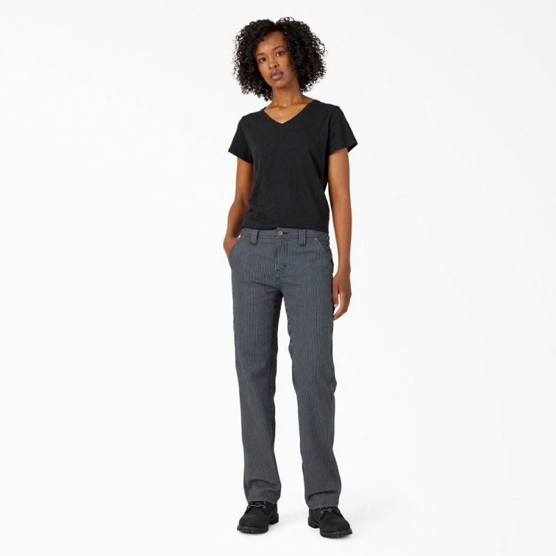 Blue Dickies FLEX Relaxed Fit Hickory Stripe Carpenter Women's Pants | 291-IWSMOU