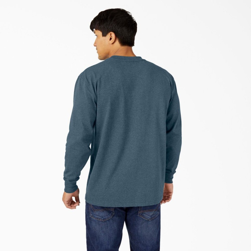 Blue Dickies Heavyweight Heathered Long Sleeve Pocket Men's T-Shirt | 608-YCXNWF