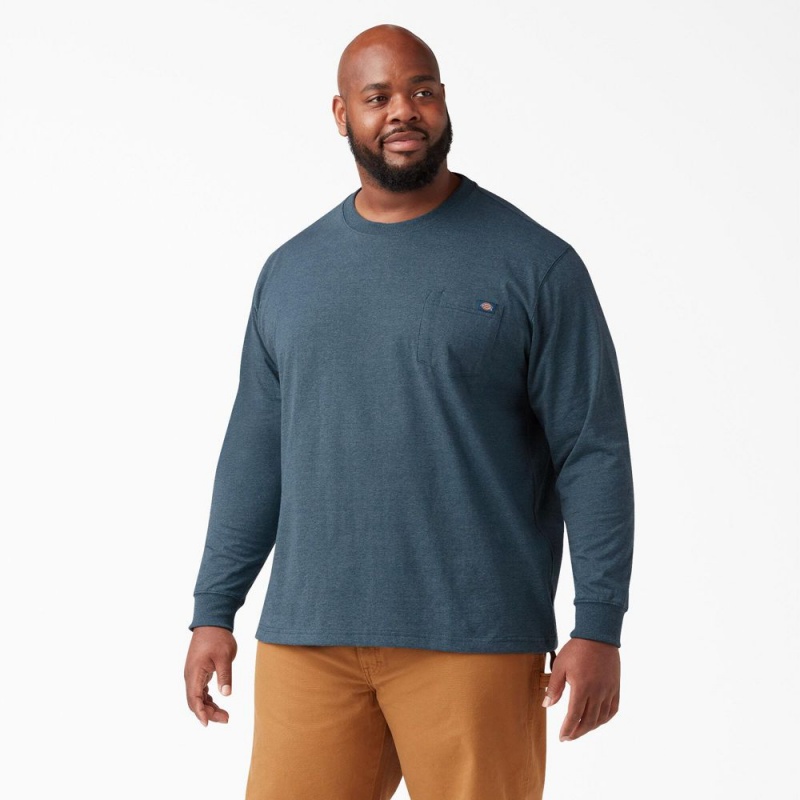 Blue Dickies Heavyweight Heathered Long Sleeve Pocket Men's T-Shirt | 608-YCXNWF