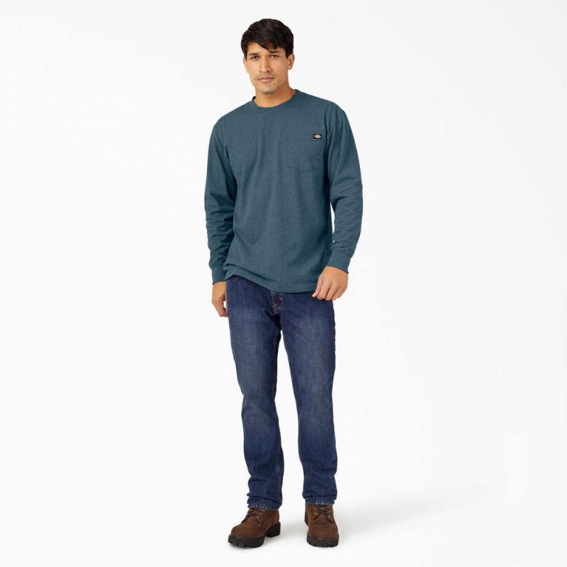 Blue Dickies Heavyweight Heathered Long Sleeve Pocket Men's T-Shirt | 608-YCXNWF