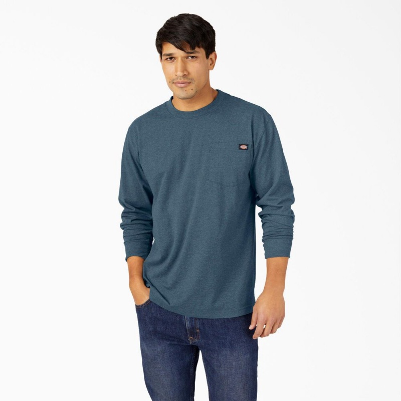 Blue Dickies Heavyweight Heathered Long Sleeve Pocket Men\'s T-Shirt | 608-YCXNWF