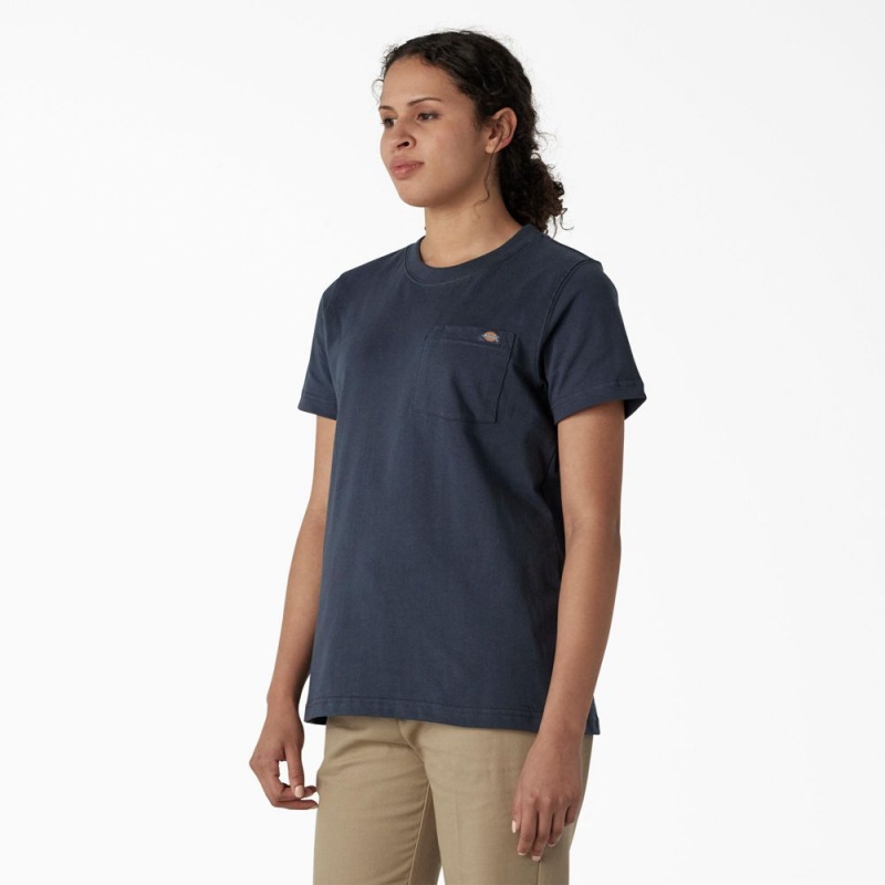 Blue Dickies Heavyweight Short Sleeve Pocket Women's T-Shirt | 014-LMCAFZ