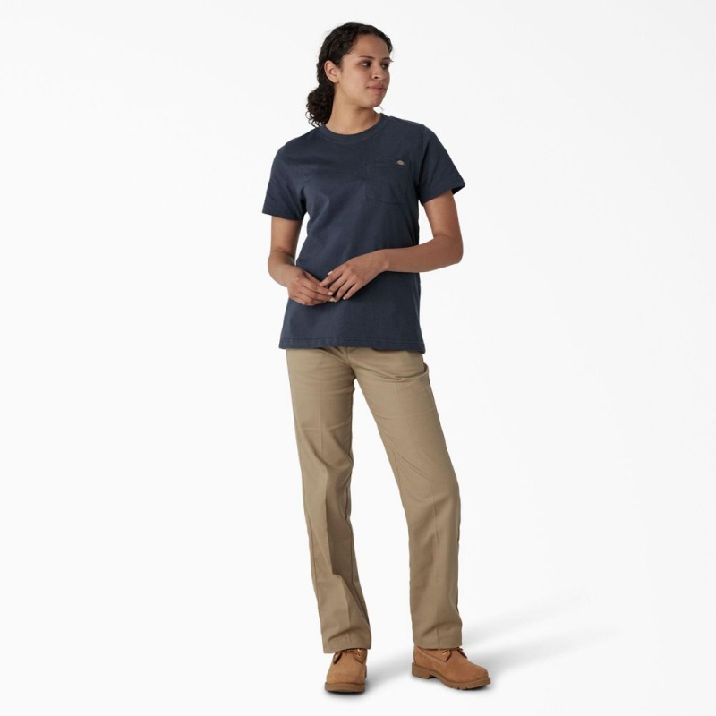 Blue Dickies Heavyweight Short Sleeve Pocket Women's T-Shirt | 014-LMCAFZ