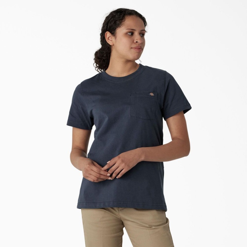 Blue Dickies Heavyweight Short Sleeve Pocket Women\'s T-Shirt | 014-LMCAFZ