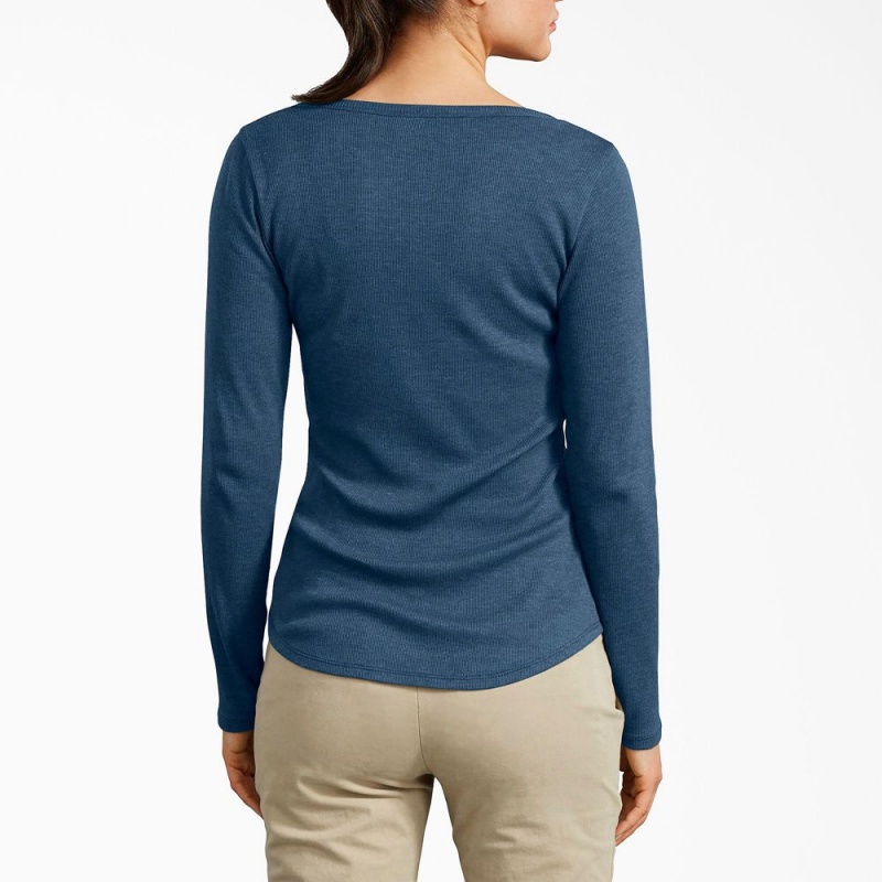 Blue Dickies Henley Long Sleeve Women's T-Shirt | 593-UZCWXT