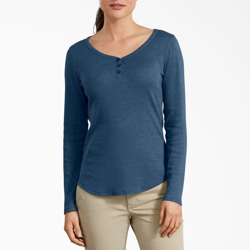 Blue Dickies Henley Long Sleeve Women\'s T-Shirt | 593-UZCWXT