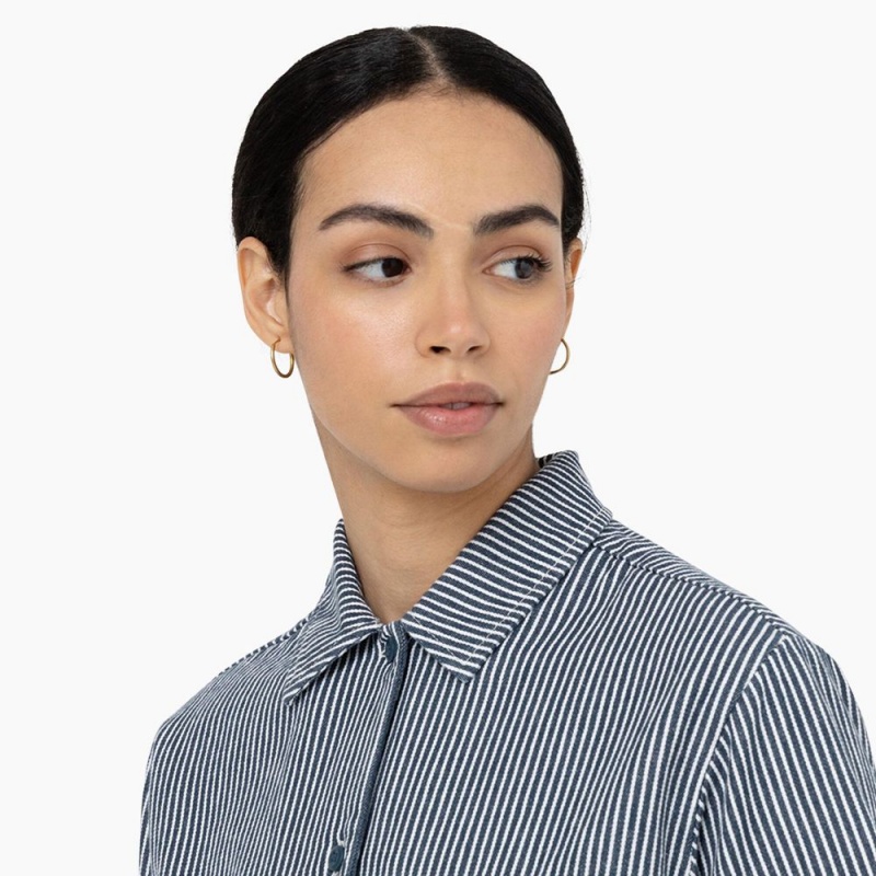 Blue Dickies Hickory Stripe Cropped Women's Work Shirts | 580-SQPDCE