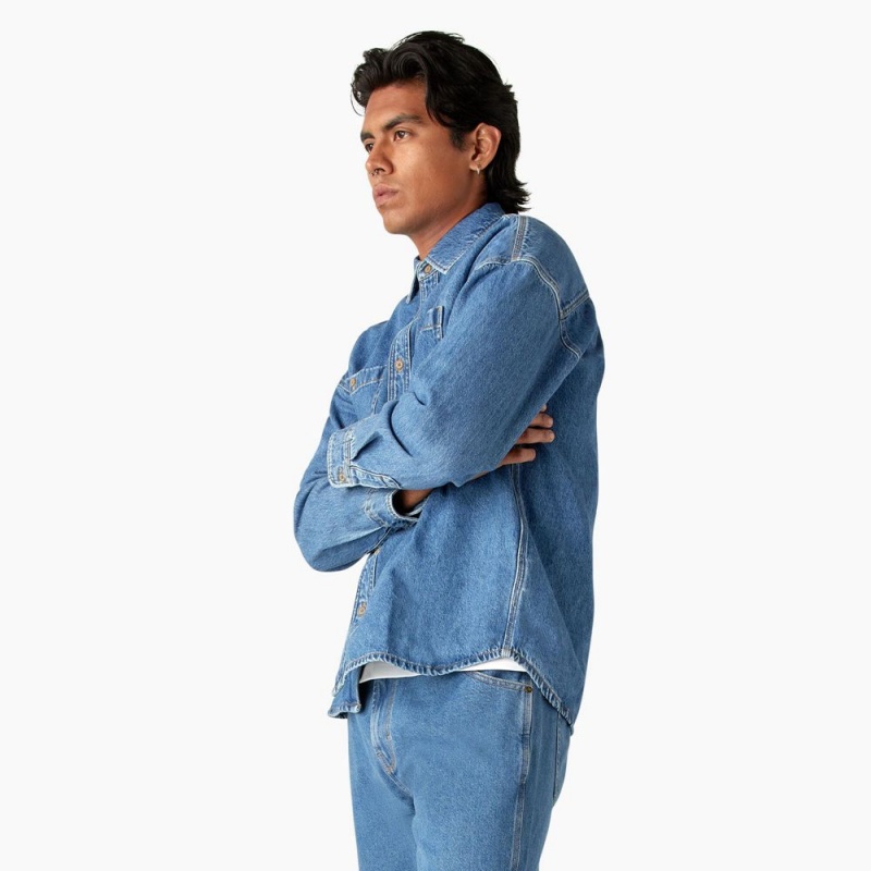 Blue Dickies Houston Denim Men's Shirt | 068-QFBPOY