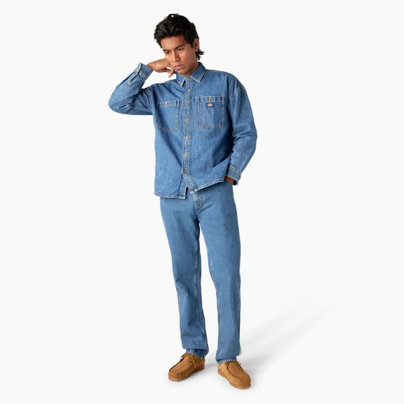 Blue Dickies Houston Denim Men's Shirt | 068-QFBPOY