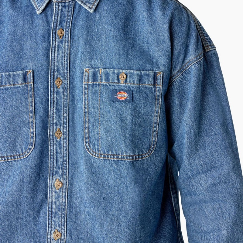 Blue Dickies Houston Denim Men's Shirt | 068-QFBPOY