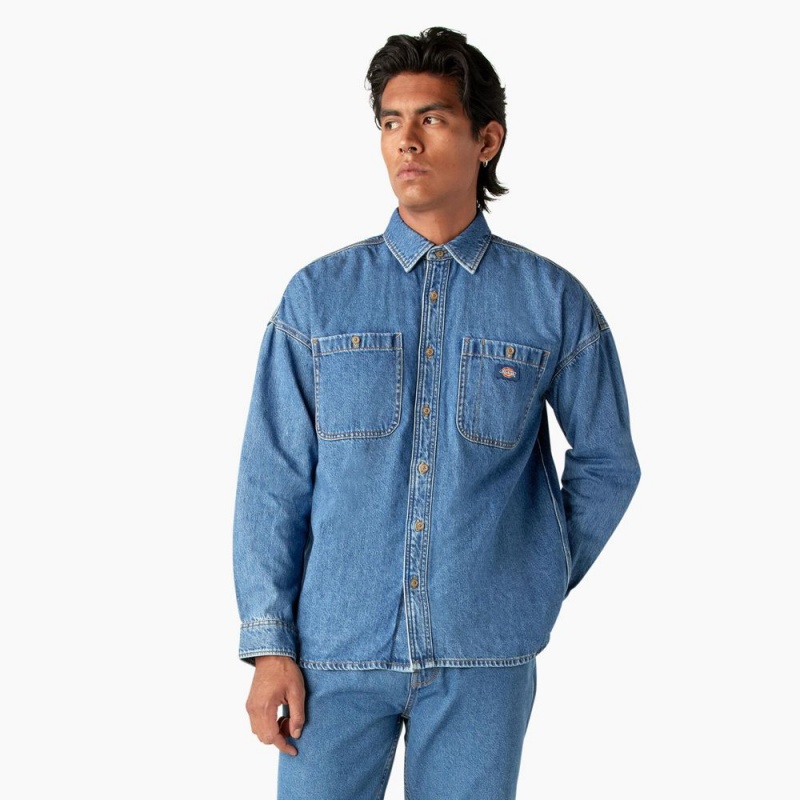 Blue Dickies Houston Denim Men\'s Shirt | 068-QFBPOY