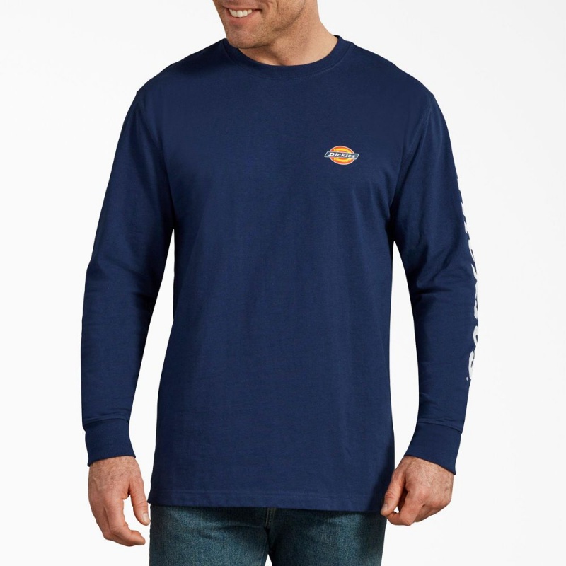 Blue Dickies Long-Sleeve Graphic Men's T-Shirt | 438-MRWOUI