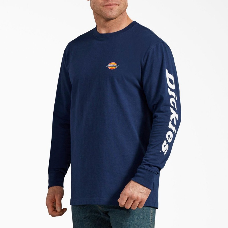 Blue Dickies Long-Sleeve Graphic Men\'s T-Shirt | 438-MRWOUI