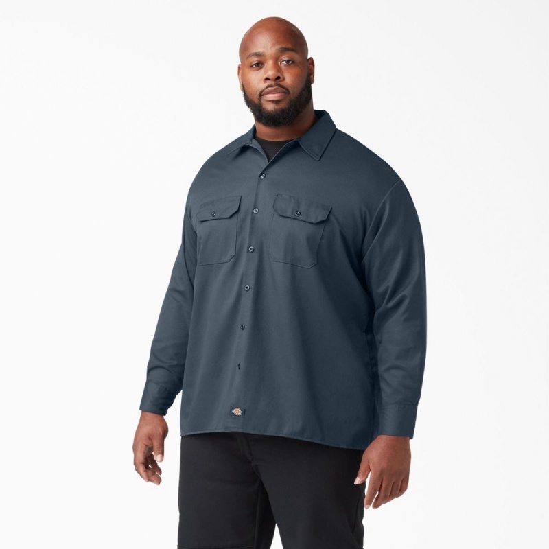 Blue Dickies Long Sleeve Men's Work Shirts | 243-TZROEV