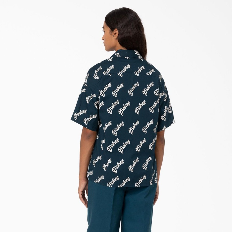 Blue Dickies Mayetta Logo Print Women's Shirt | 926-IZVMXN